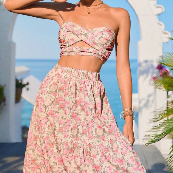 Pink Boho Women's Woven Printed Crop Top & High Waisted Skirt Set - Picture 6 of 6
